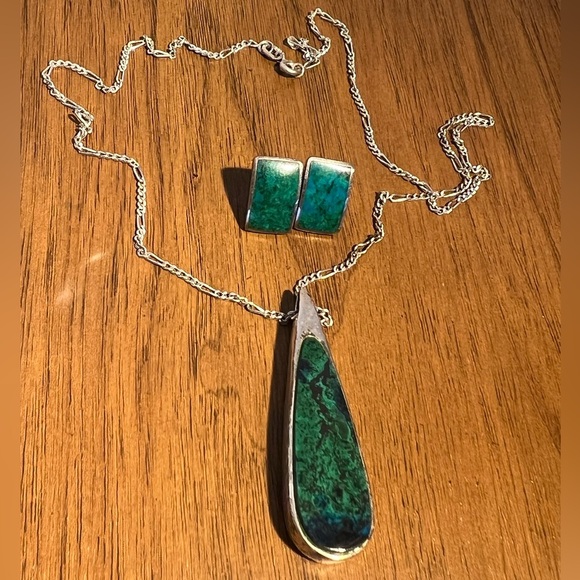 935 Silver Vintage Israel Greenblue Eilat Gemstone set pendant, earrings - Picture 6 of 16